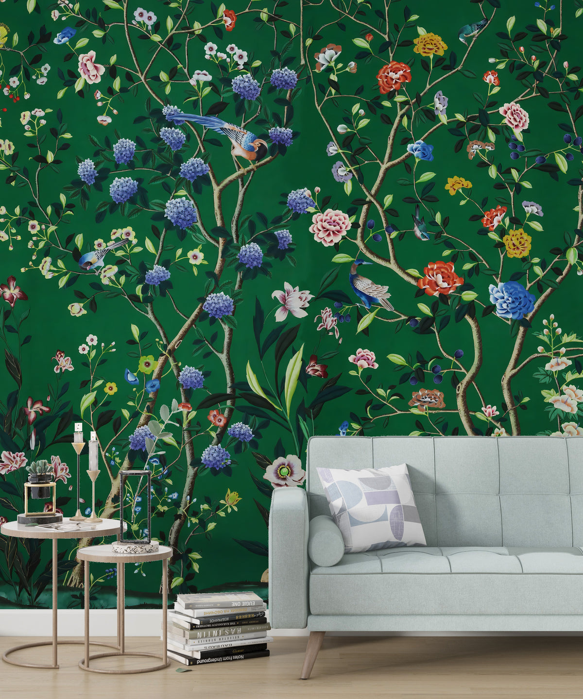 Emerald Chinoiserie Wallpaper : Roses and Colorful Birds Mural - View 2