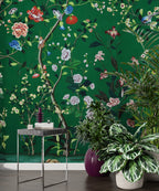Emerald Chinoiserie Wallpaper : Roses and Colorful Birds Mural - View 3