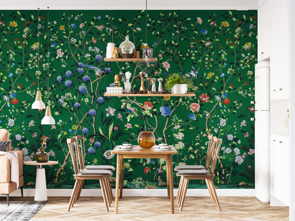 Emerald Chinoiserie Wallpaper : Roses and Colorful Birds Mural