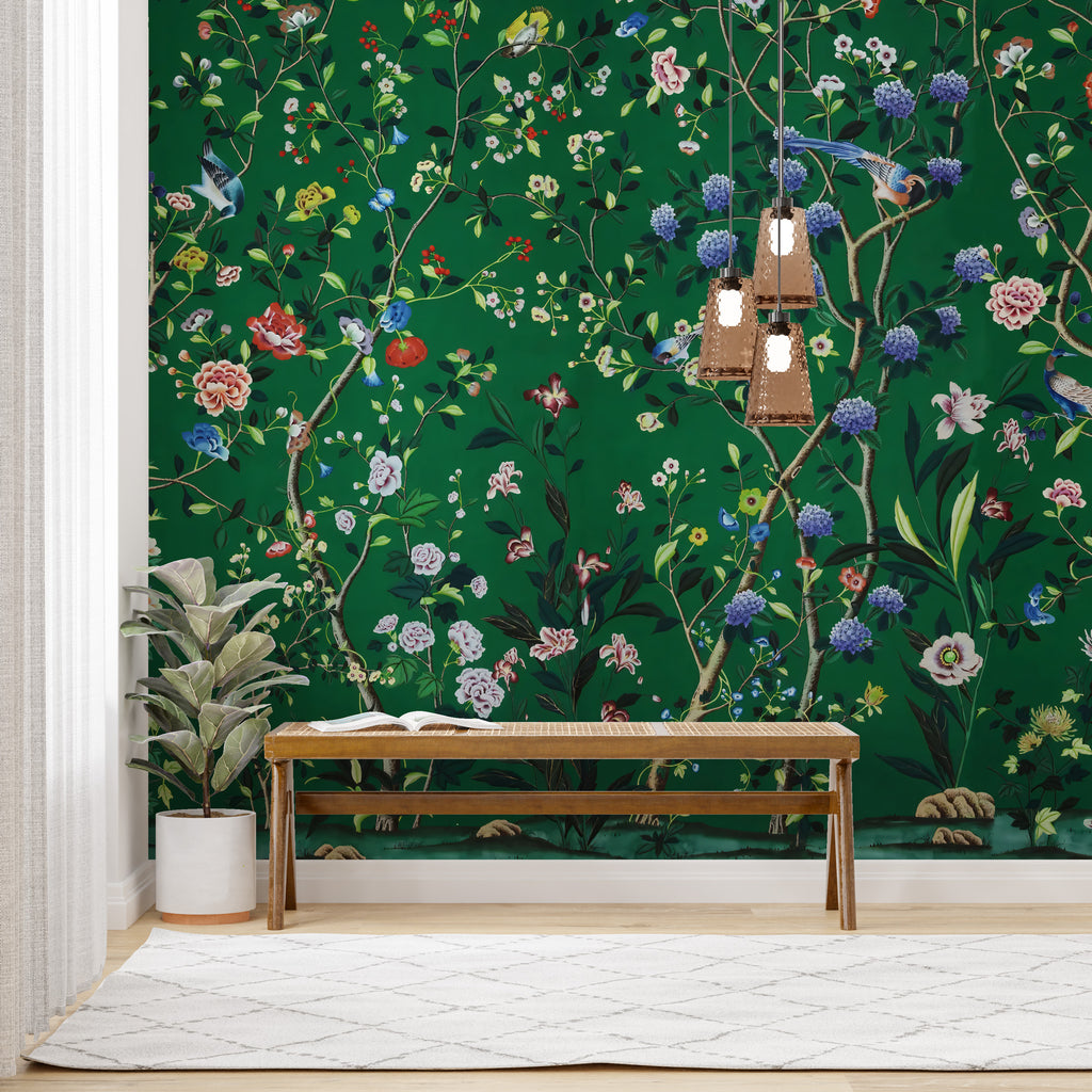 Emerald Chinoiserie Wallpaper : Roses and Colorful Birds Mural - View 4