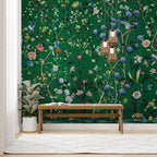 Emerald Chinoiserie Wallpaper : Roses and Colorful Birds Mural - View 4