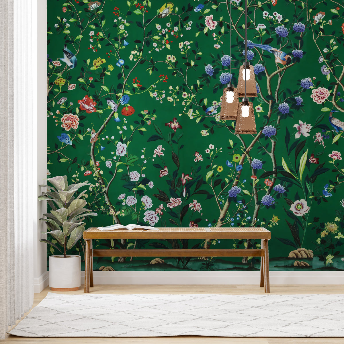 Emerald Chinoiserie Wallpaper : Roses and Colorful Birds Mural - View 4
