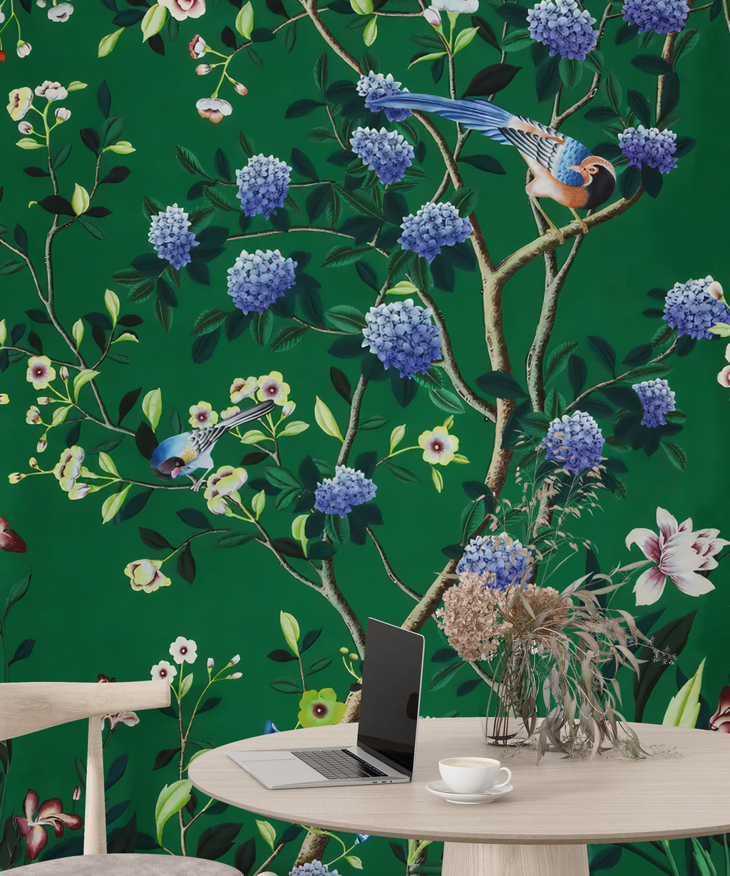 Emerald Chinoiserie Wallpaper : Roses and Colorful Birds Mural - View 5