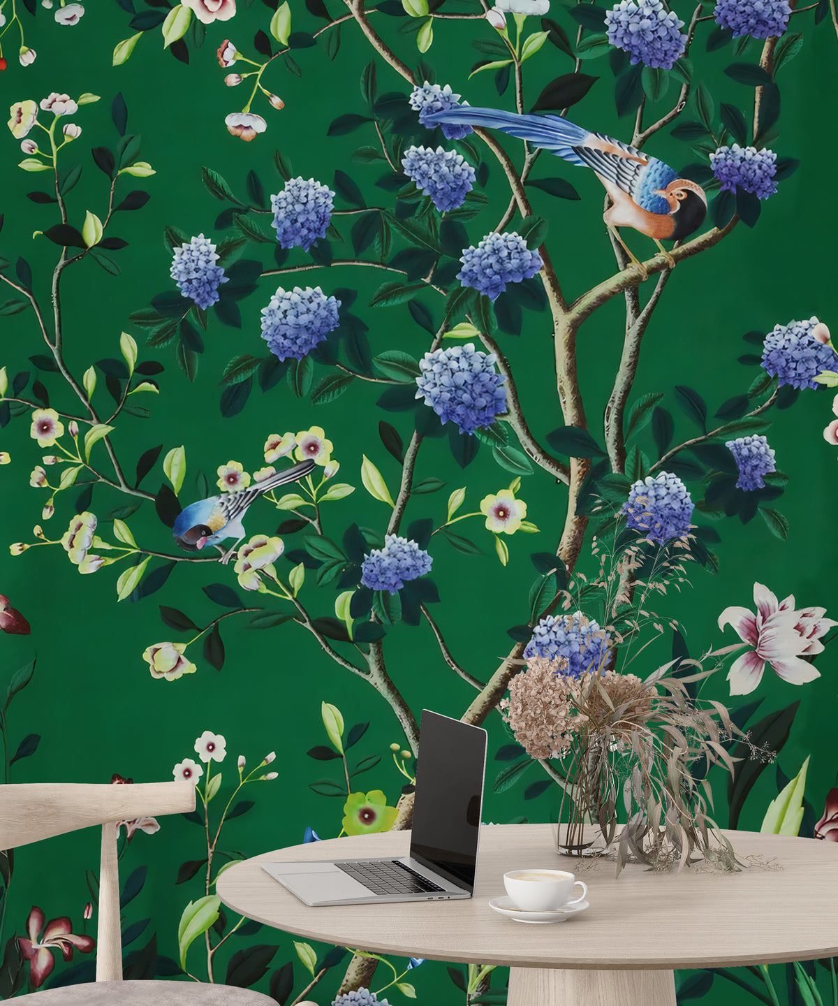 Emerald Chinoiserie Wallpaper : Roses and Colorful Birds Mural - View 5