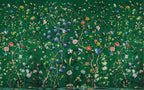 Emerald Chinoiserie Wallpaper : Roses and Colorful Birds Mural - flat design