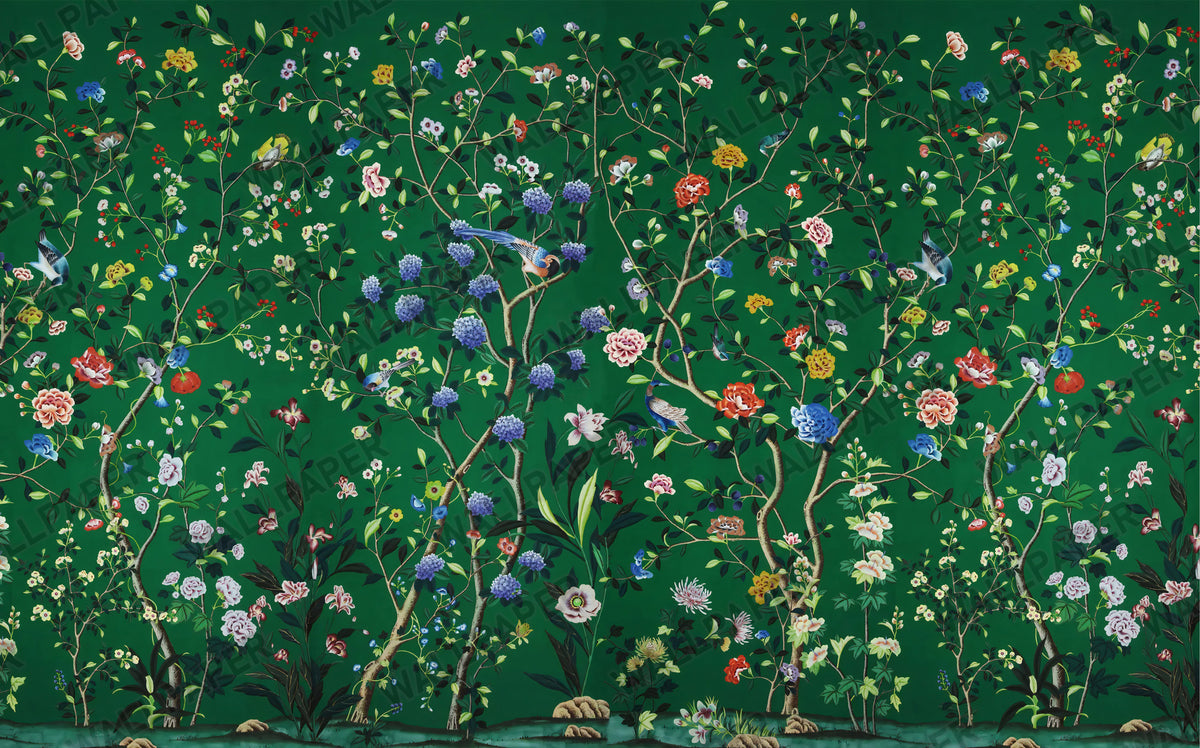 Emerald Chinoiserie Wallpaper : Roses and Colorful Birds Mural - flat design