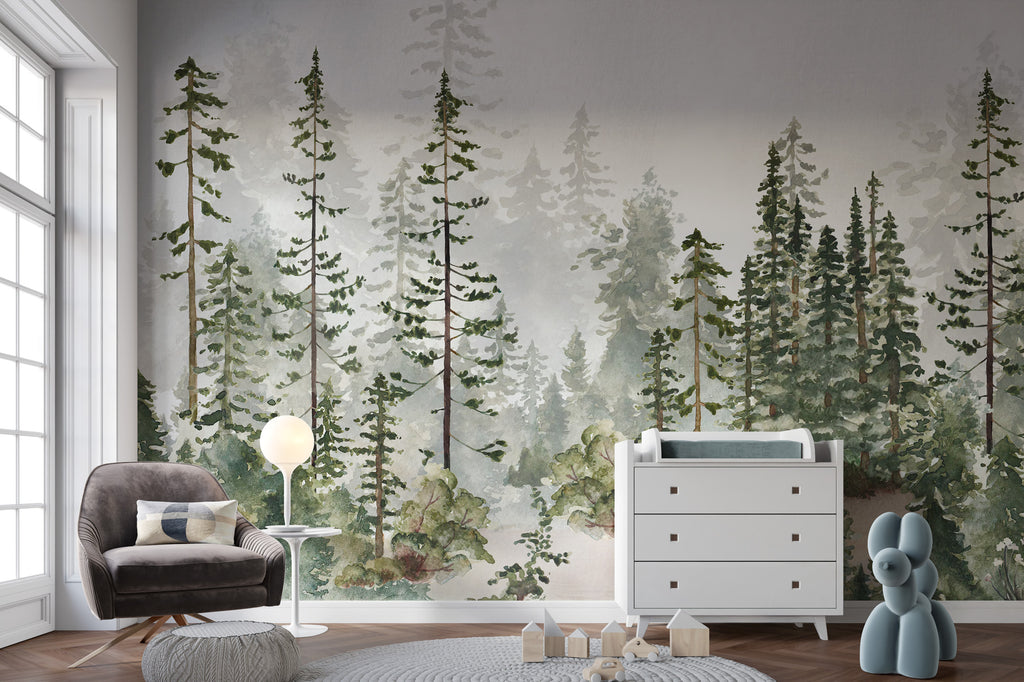 Watercolor Pine Forest Wallpaper : Misty Evergreen Mural - View 3