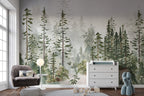 Watercolor Pine Forest Wallpaper : Misty Evergreen Mural - View 3