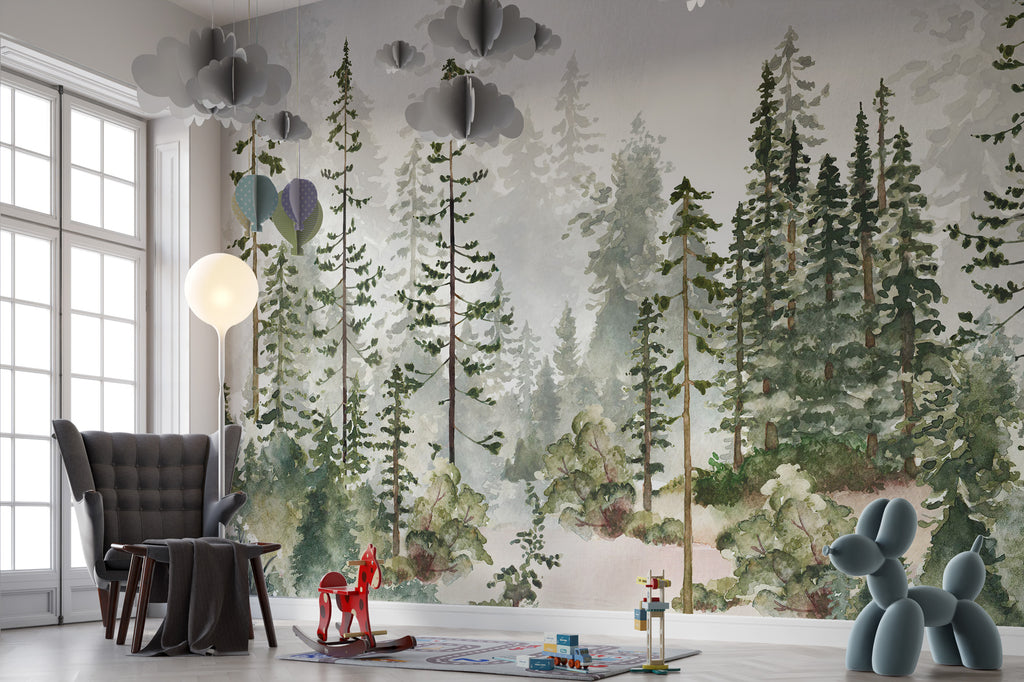 Watercolor Pine Forest Wallpaper : Misty Evergreen Mural