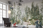 Watercolor Pine Forest Wallpaper : Misty Evergreen Mural