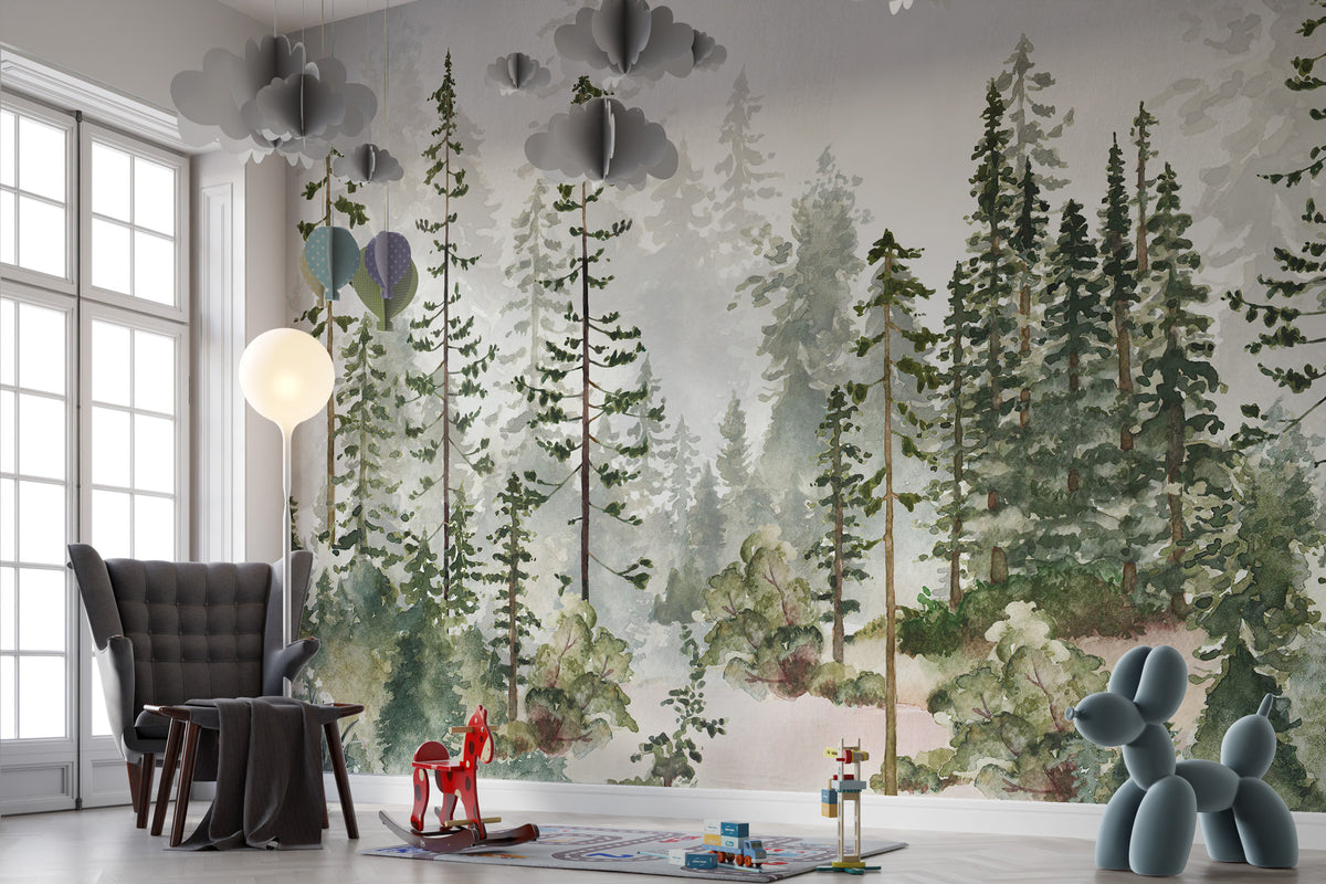 Watercolor Pine Forest Wallpaper : Misty Evergreen Mural