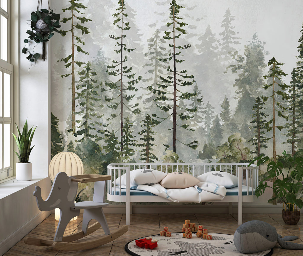 Watercolor Pine Forest Wallpaper : Misty Evergreen Mural - View 4
