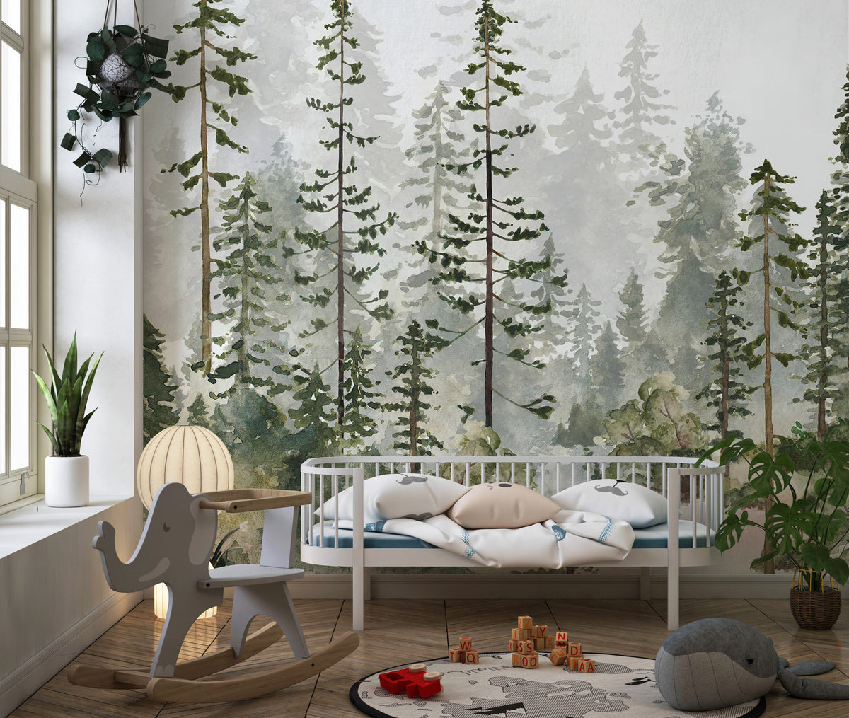 Watercolor Pine Forest Wallpaper : Misty Evergreen Mural - View 4