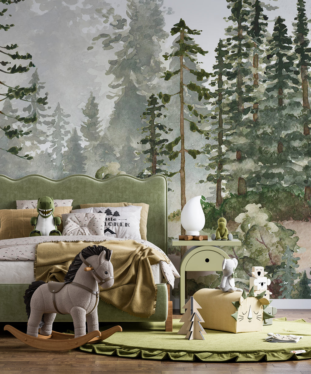 Watercolor Pine Forest Wallpaper : Misty Evergreen Mural - View 5