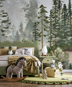 Watercolor Pine Forest Wallpaper : Misty Evergreen Mural - View 5