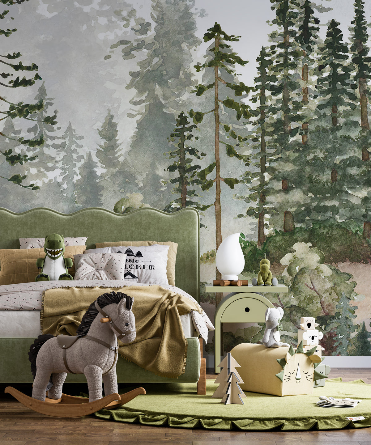 Watercolor Pine Forest Wallpaper : Misty Evergreen Mural - View 5