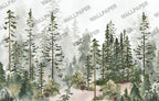 Watercolor Pine Forest Wallpaper : Misty Evergreen Mural - View 2