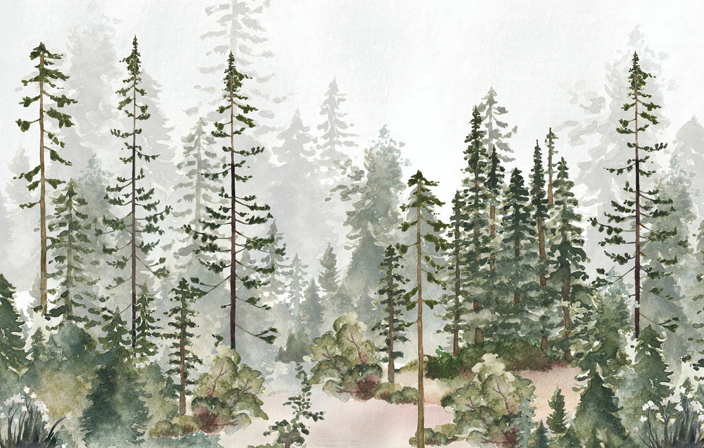 Watercolor Pine Forest Wallpaper : Misty Evergreen Mural - flat design