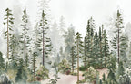 Watercolor Pine Forest Wallpaper : Misty Evergreen Mural - flat design