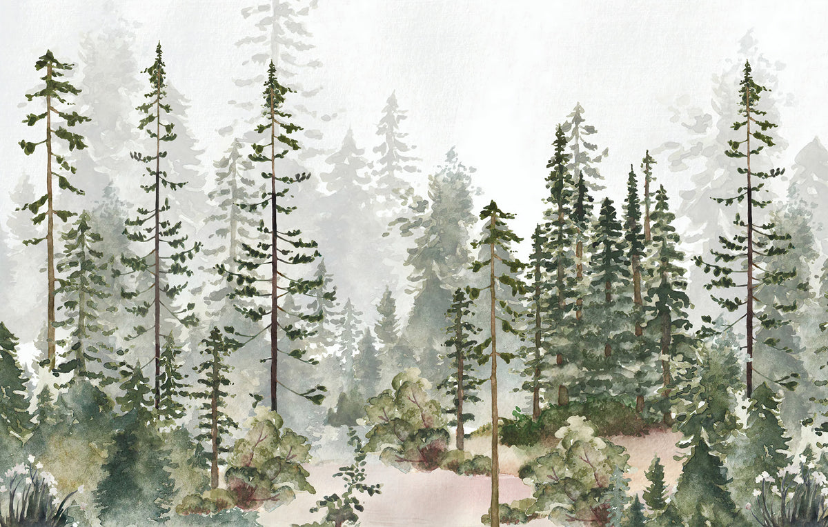 Watercolor Pine Forest Wallpaper : Misty Evergreen Mural - flat design