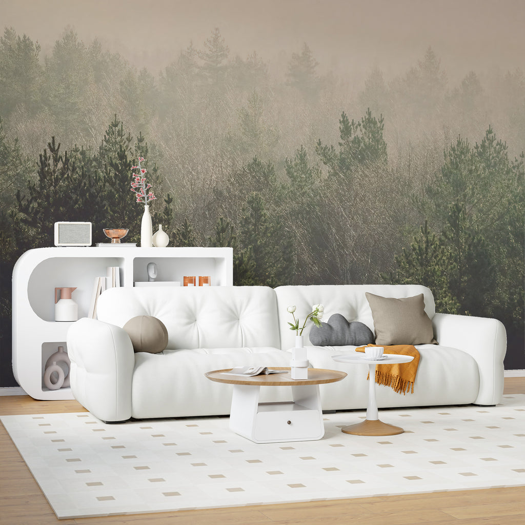 Misty Pine Forest Wallpaper : Foggy Evergreen Landscape Mural - View 3