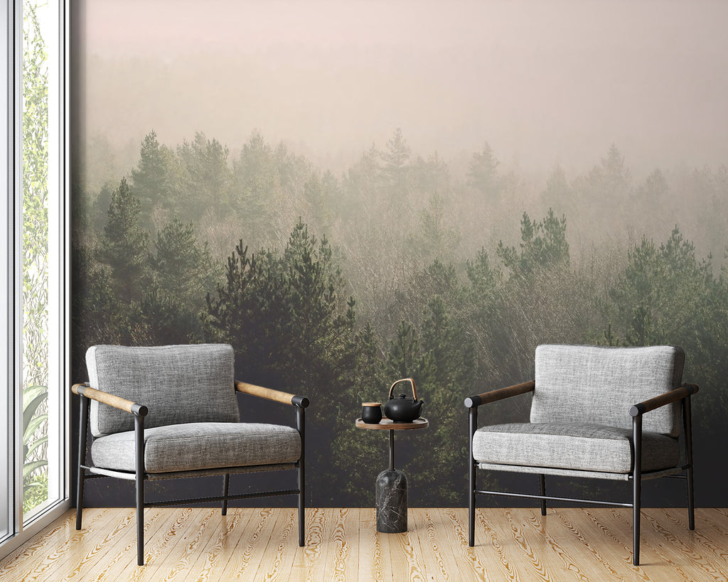 Misty Pine Forest Wallpaper : Foggy Evergreen Landscape Mural