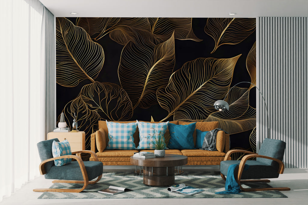 Gold Line Tropical Wallpaper : Black Art Deco Leaves Mural - View 3
