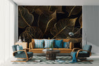 Gold Line Tropical Wallpaper : Black Art Deco Leaves Mural - View 3
