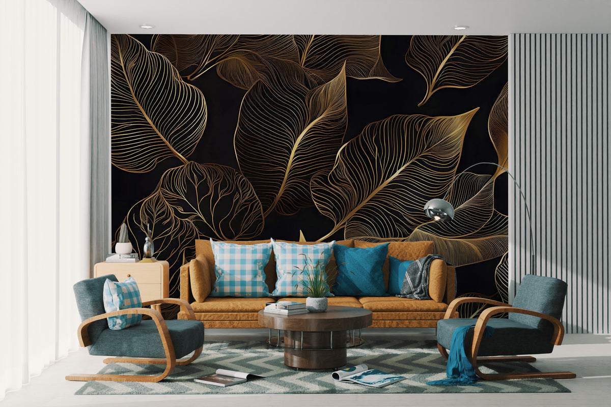 Gold Line Tropical Wallpaper : Black Art Deco Leaves Mural - View 3