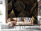 Gold Line Tropical Wallpaper : Black Art Deco Leaves Mural - View 4