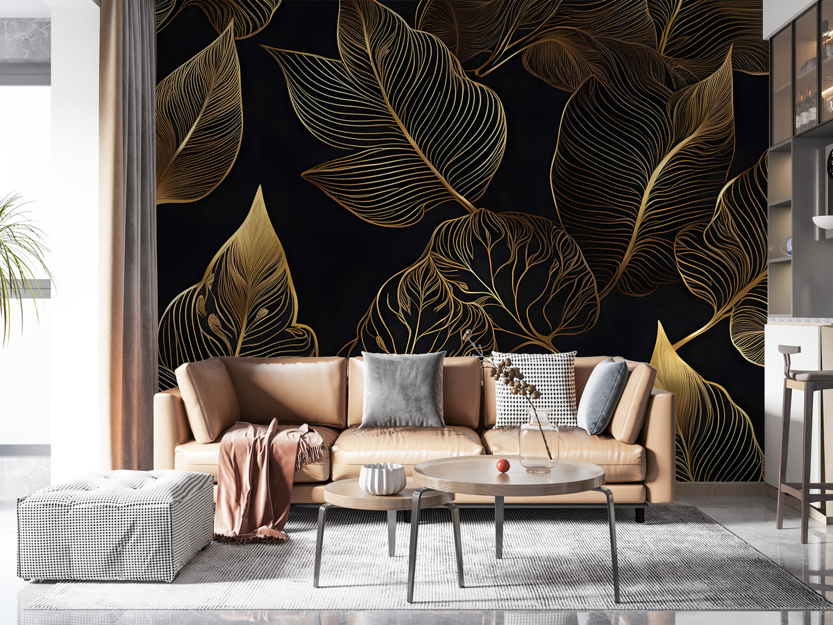 Gold Line Tropical Wallpaper : Black Art Deco Leaves Mural - View 4