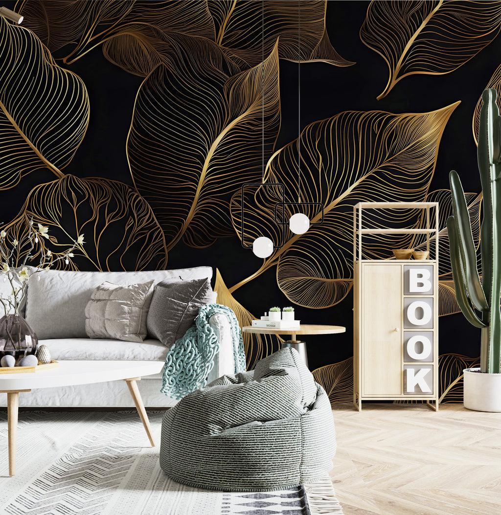 Gold Line Tropical Wallpaper : Black Art Deco Leaves Mural - View 5