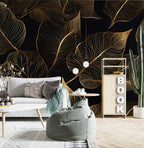 Gold Line Tropical Wallpaper : Black Art Deco Leaves Mural - View 5