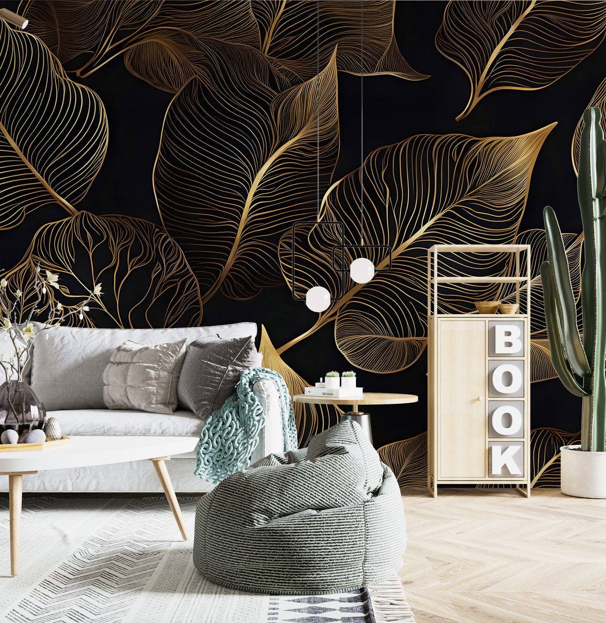 Gold Line Tropical Wallpaper : Black Art Deco Leaves Mural - View 5