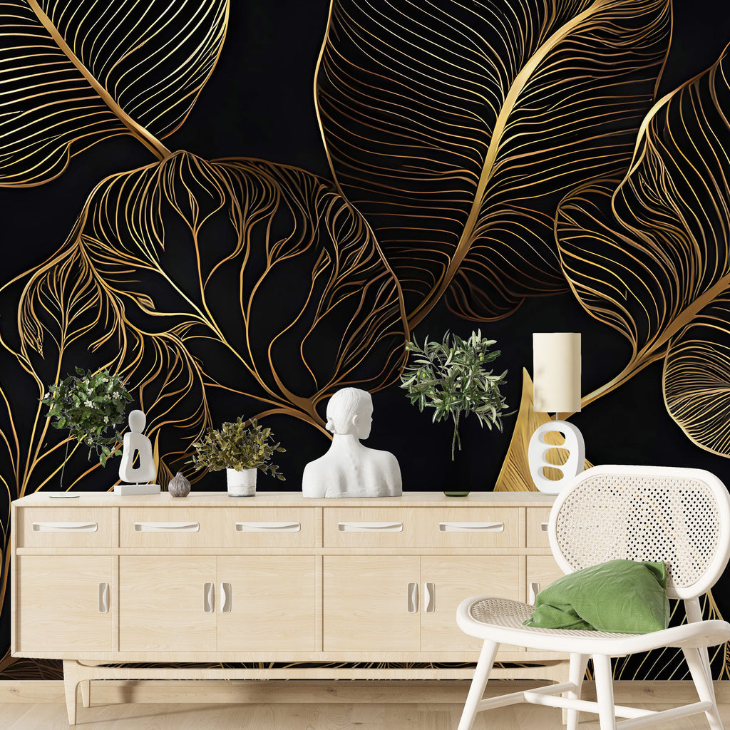 Gold Line Tropical Wallpaper : Black Art Deco Leaves Mural