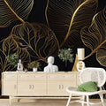 Gold Line Tropical Wallpaper : Black Art Deco Leaves Mural