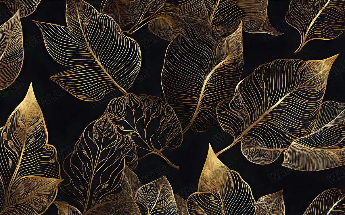 Gold Line Tropical Wallpaper : Black Art Deco Leaves Mural - View 2