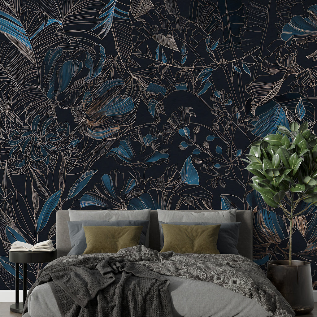 Blue Line Art Floral Wallpaper : Dark Botanical Outline Mural - View 3