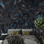 Blue Line Art Floral Wallpaper : Dark Botanical Outline Mural - View 3