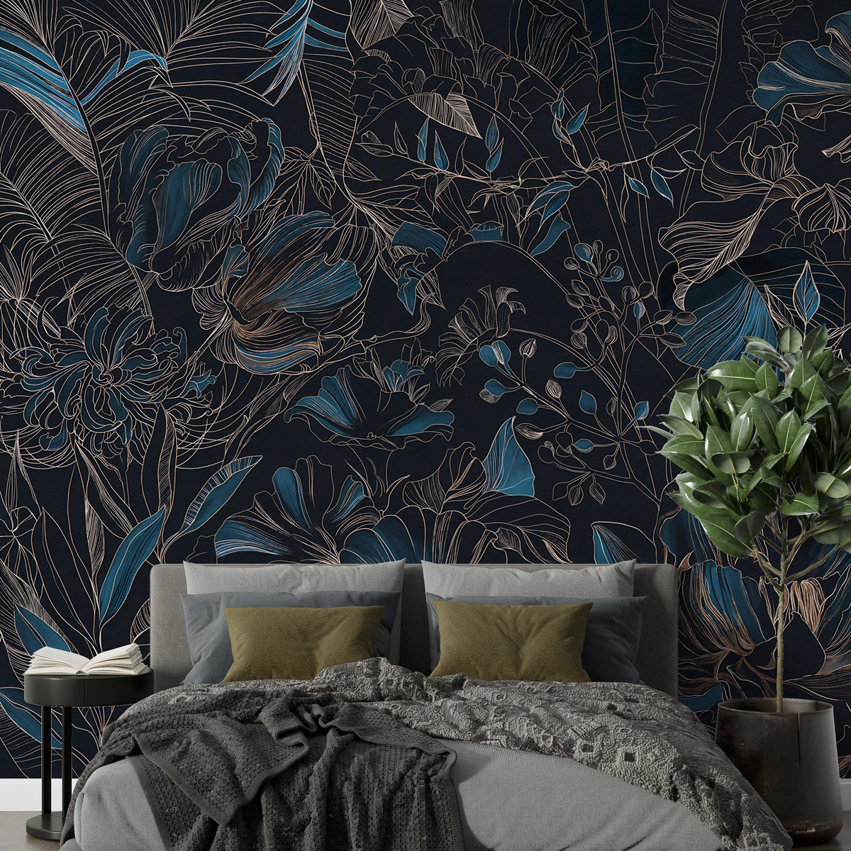 Blue Line Art Floral Wallpaper : Dark Botanical Outline Mural - View 3