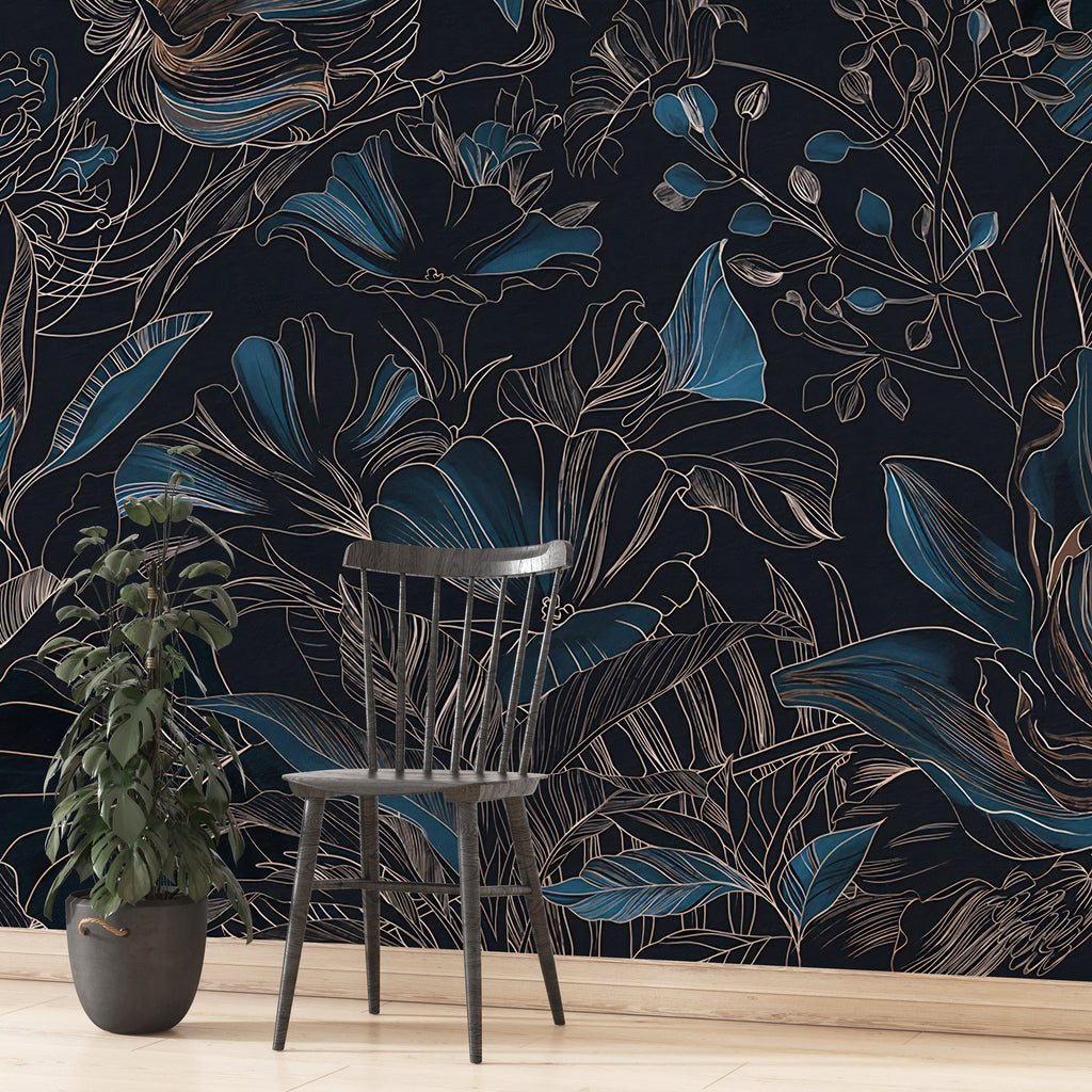 Blue Line Art Floral Wallpaper : Dark Botanical Outline Mural - View 5