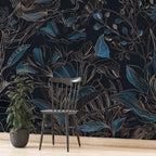 Blue Line Art Floral Wallpaper : Dark Botanical Outline Mural - View 5