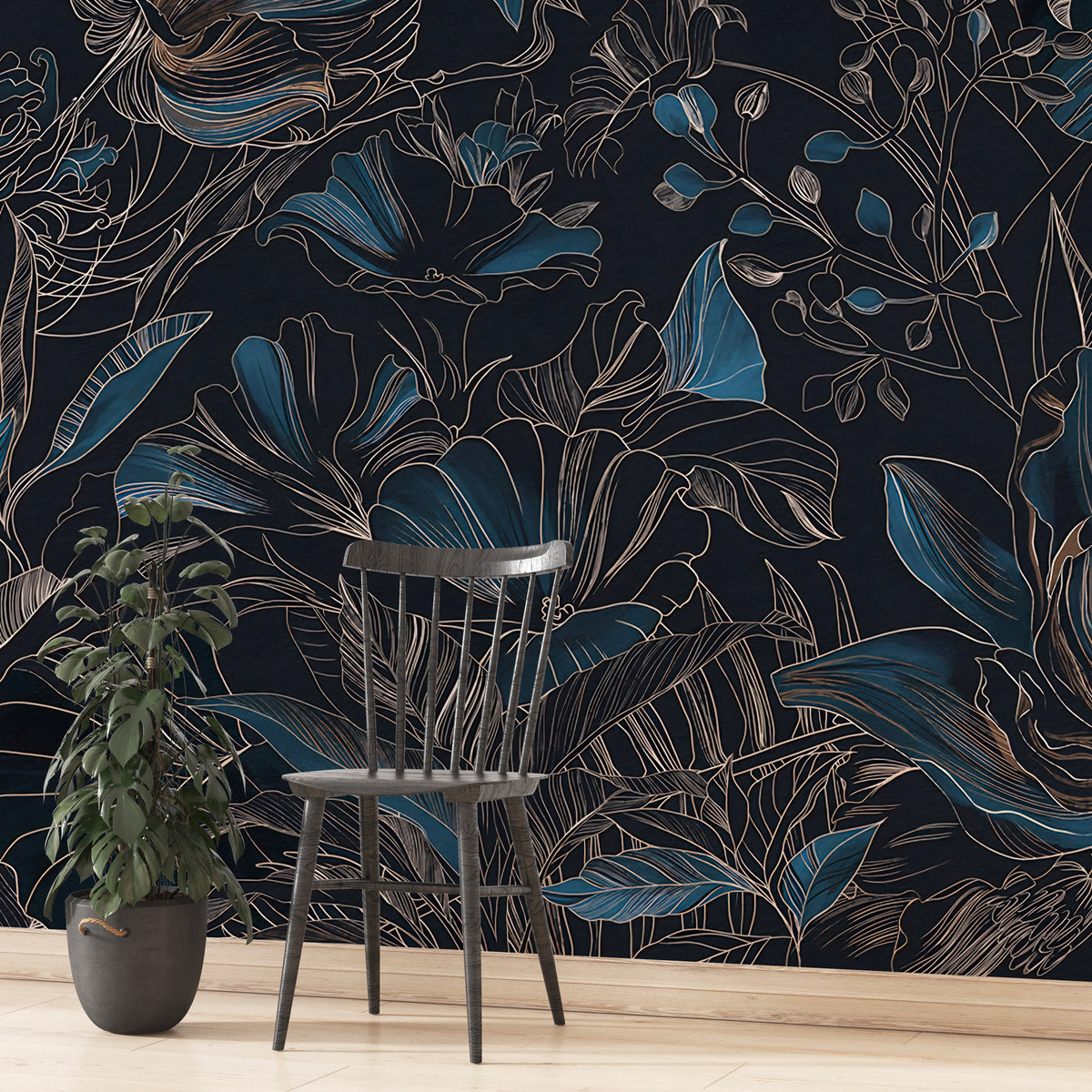 Blue Line Art Floral Wallpaper : Dark Botanical Outline Mural - View 5