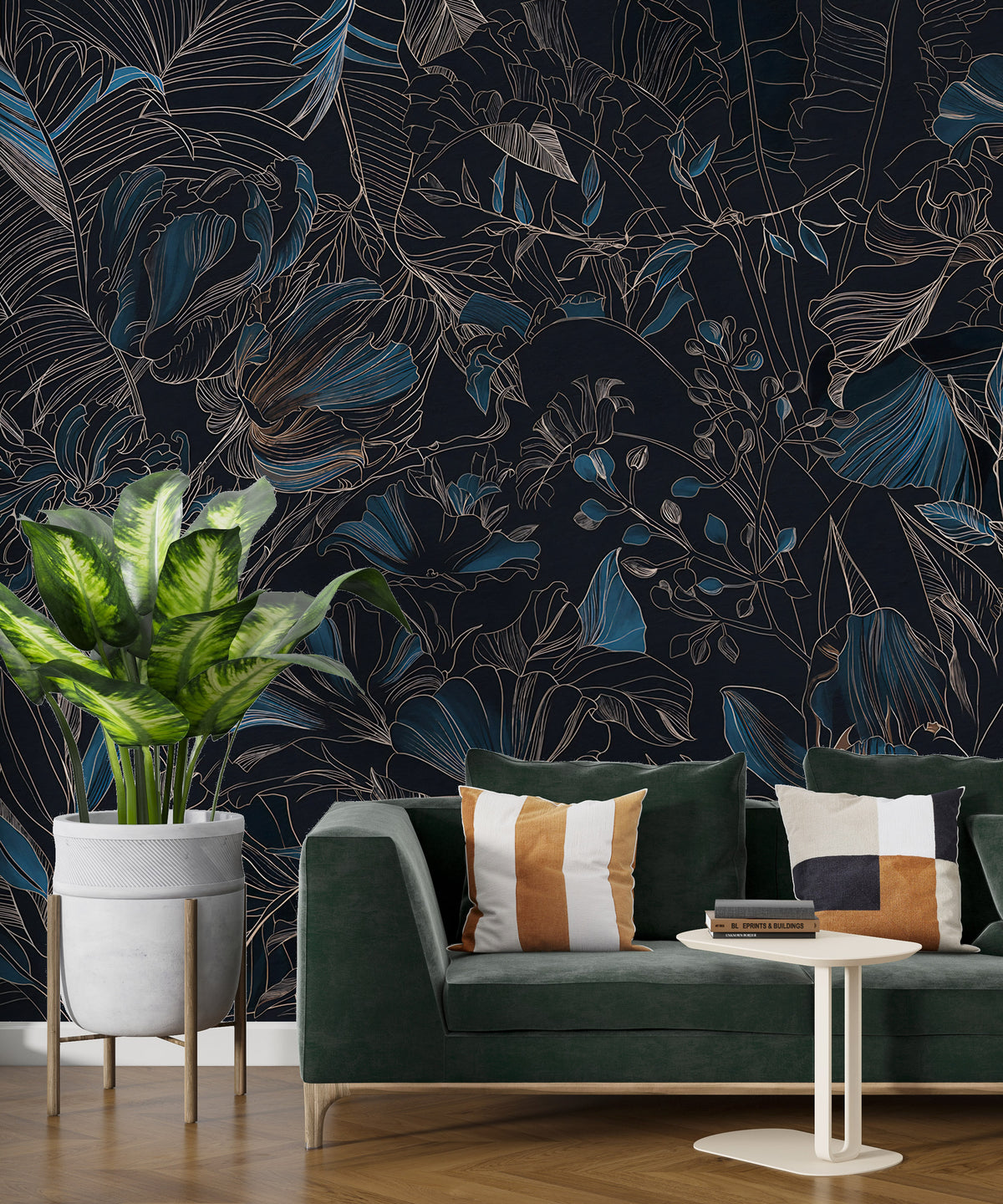 Blue Line Art Floral Wallpaper : Dark Botanical Outline Mural