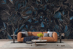 Blue Line Art Floral Wallpaper : Dark Botanical Outline Mural - View 4