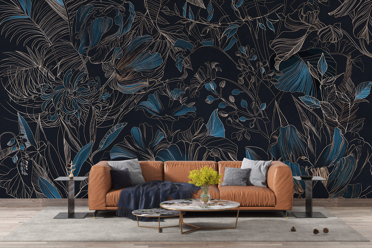 Blue Line Art Floral Wallpaper : Dark Botanical Outline Mural - View 4