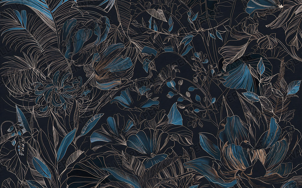 Blue Line Art Floral Wallpaper : Dark Botanical Outline Mural - View 2