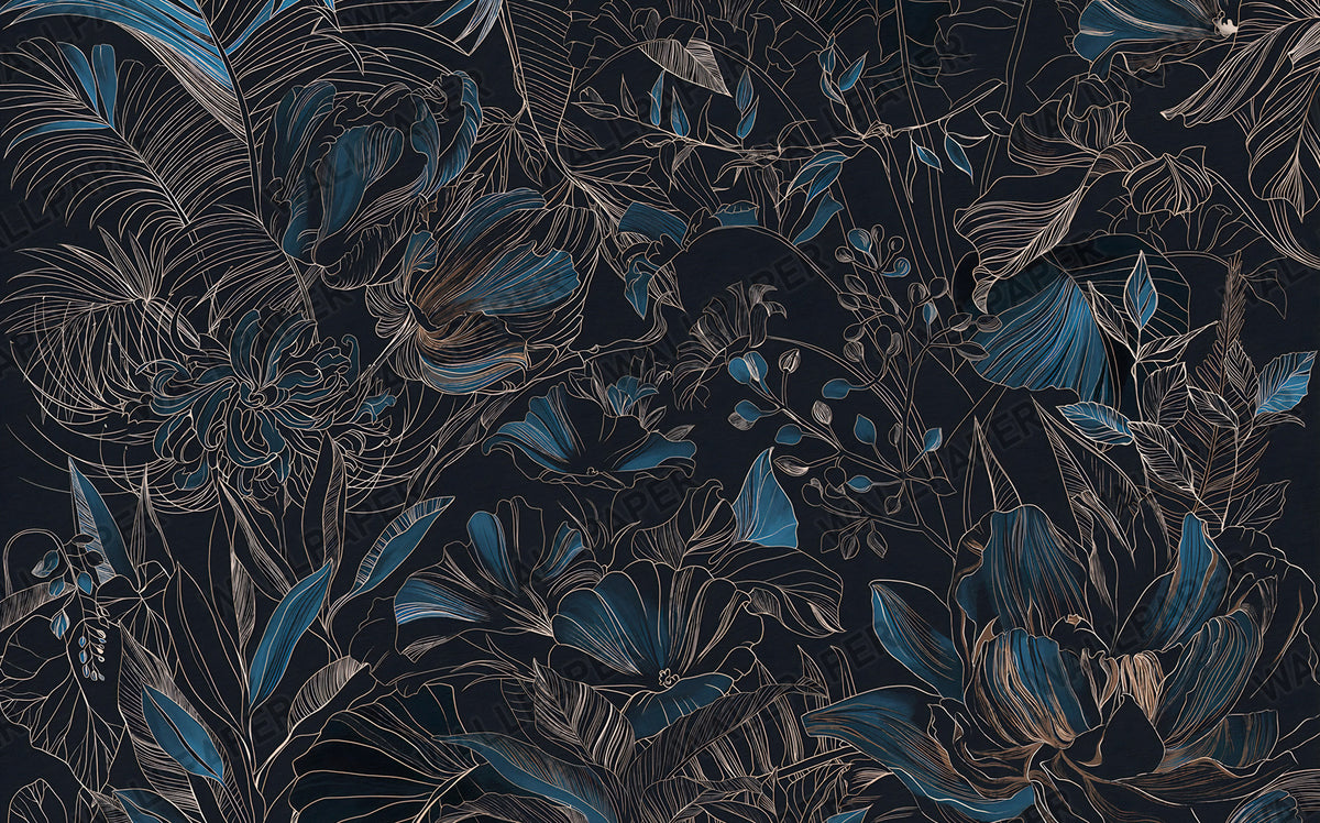 Blue Line Art Floral Wallpaper : Dark Botanical Outline Mural - View 2