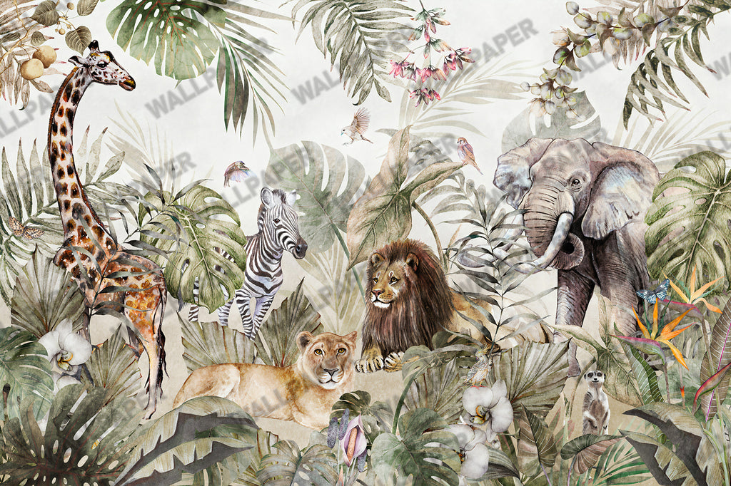 Jungle Animals Wallpaper : Watercolor Lion Giraffe and Zebra Mural - View 2