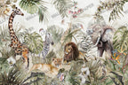 Jungle Animals Wallpaper : Watercolor Lion Giraffe and Zebra Mural - View 2